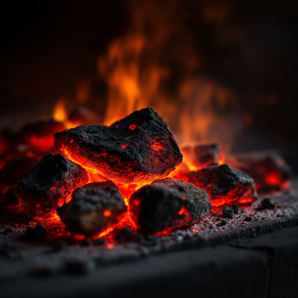 Glowing embers and charred almond firewood inside the brick oven