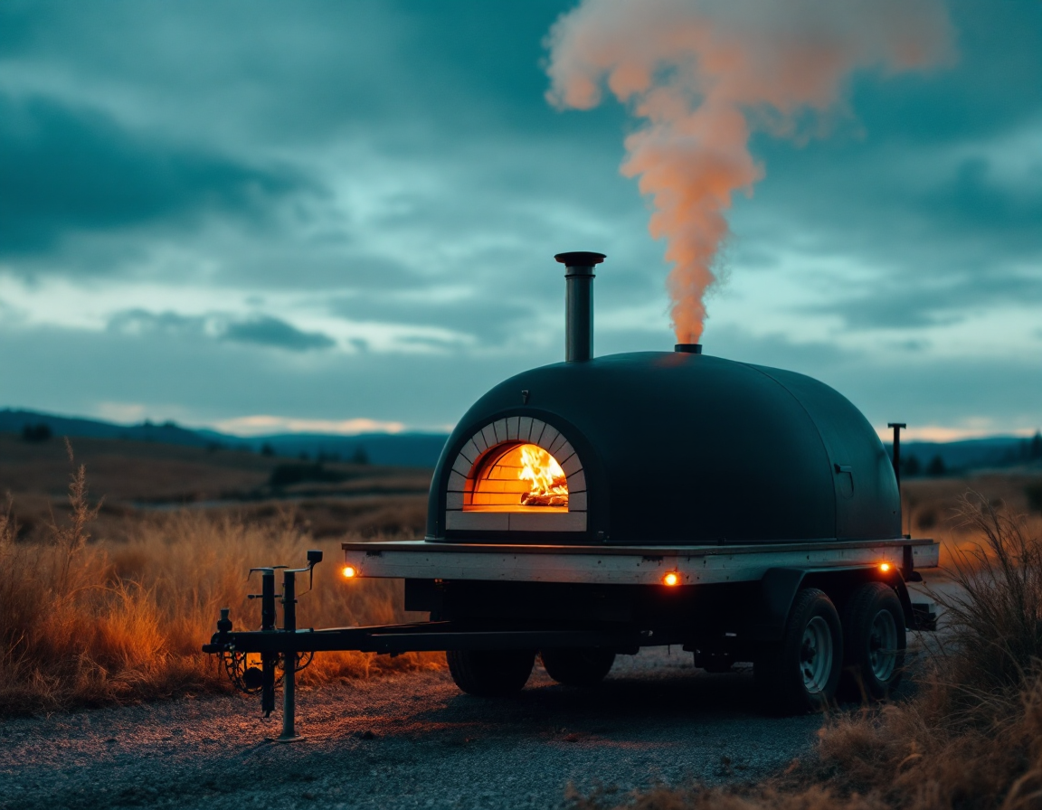 The Northbend Hearth mobile wood-fired oven parked and lit at golden hour