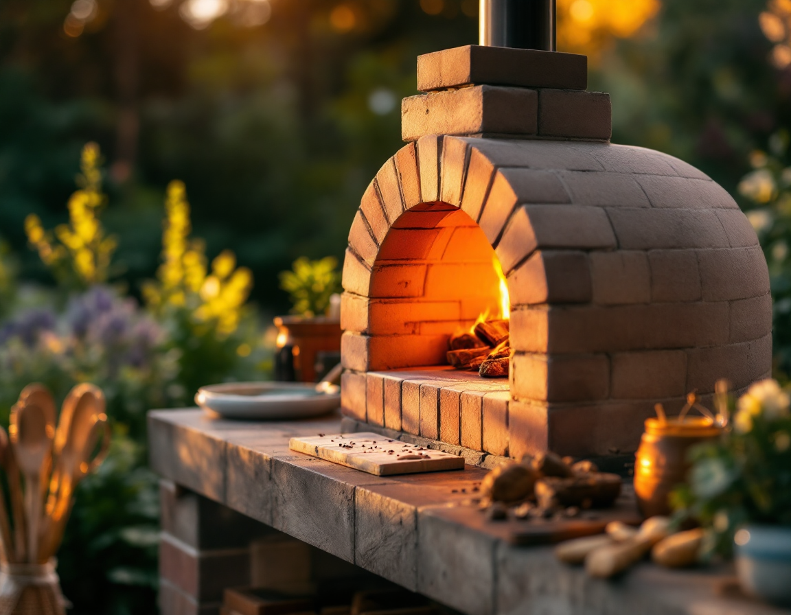 A portable brick wood-fired oven glowing in a sunlit backyard