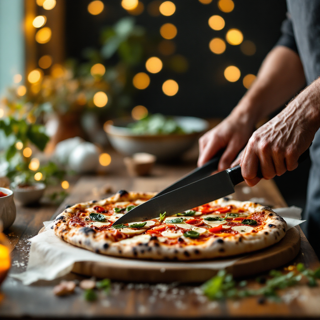 A pizza being cut at the table on a wooden board